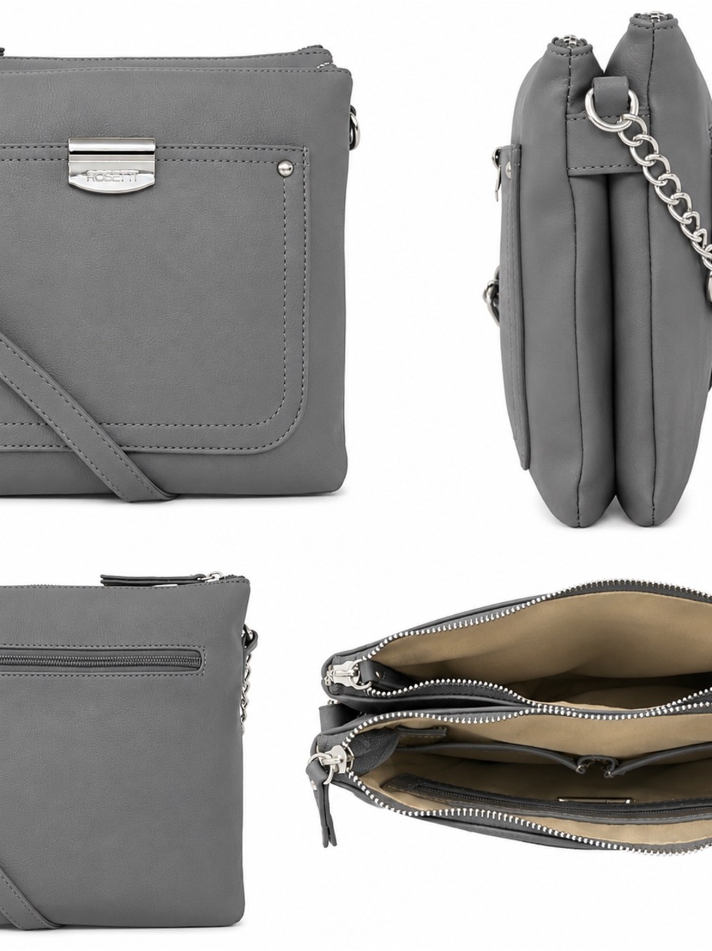 Rosetti Gray Triple-Zip Crossbody with Chain-Accent Strap